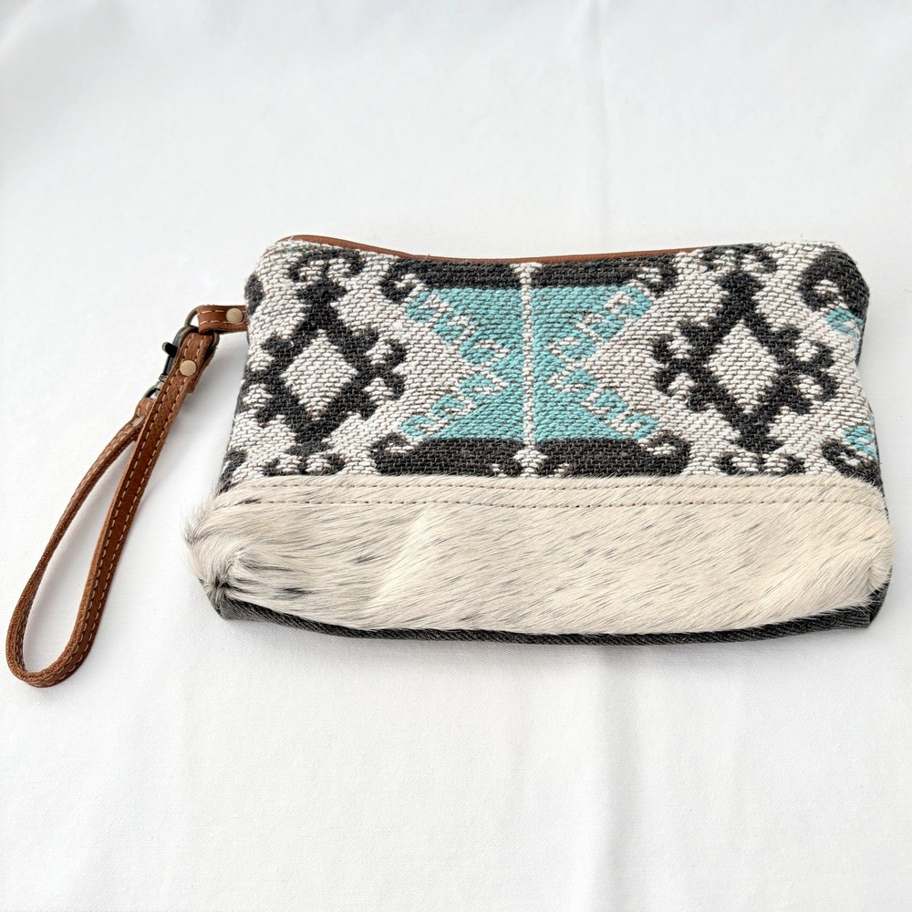 Myra‎ Isabella Bag Wristlet Clutch Gray Teal Woven Canvas Hair-on Hide Leather